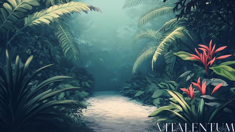 Luminescent Jungle Passage with Stratified Vegetation Layers.