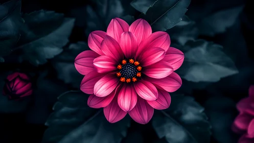 Magenta dahlia bloom illuminated against dark teal foliage backdrop.