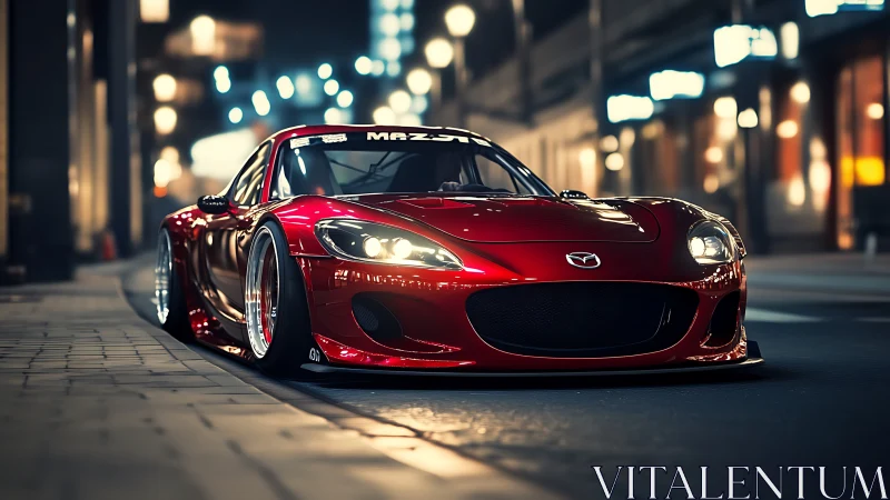 Sleek red sports car glowing under soft city night lights.