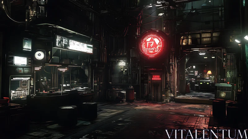 Dimly lit cyberpunk interior shows industrial workstations