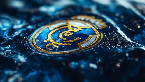 Gold and blue circular emblem submerged in liquid surface.