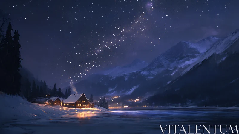 Snowbound cabins under luminous winter milky way sky.