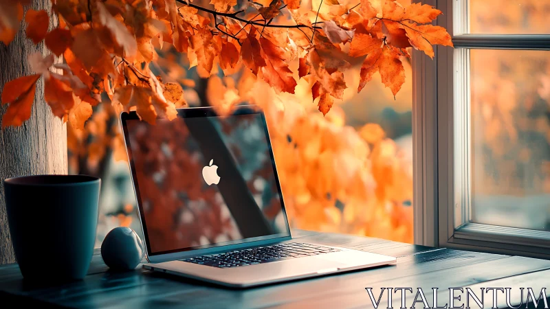 Laptop reflects autumn foliage beside bright window frame.