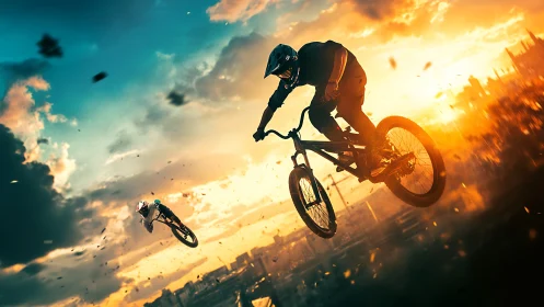 Extreme Mountain Biker Mid-Air Against Golden Sunset Sky.