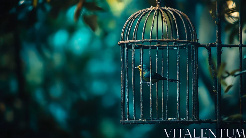 Small songbird in an old metal cage against teal bokeh.