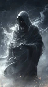 Hooded wraith emerges from swirling spectral mist.
