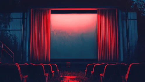 Neon hush over an abandoned twilight cinema screen dream.