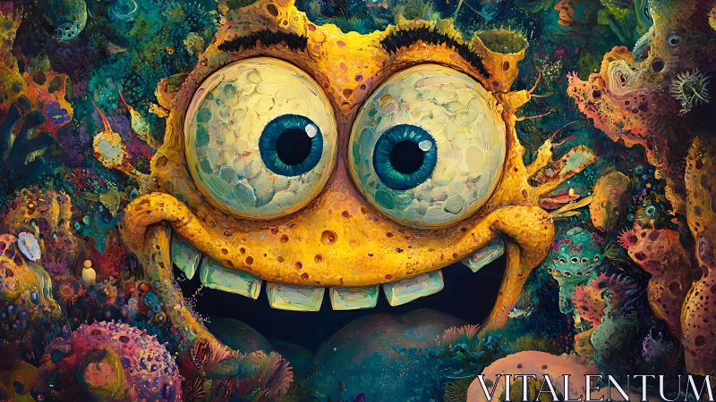 Yellow cartoon sea creature grins amid dense coral reef