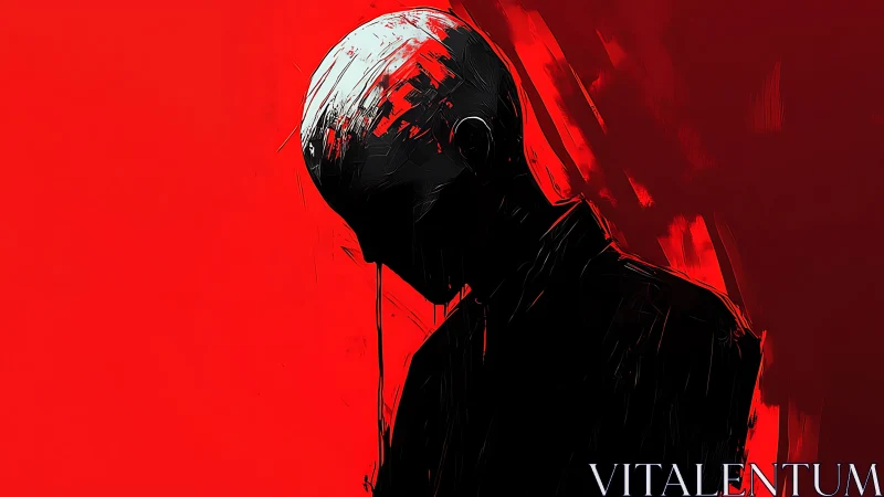 Solitary figure in bold red light and shadowed mystery.