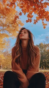 Autumn portrait under maple canopy in warm tonal harmony.