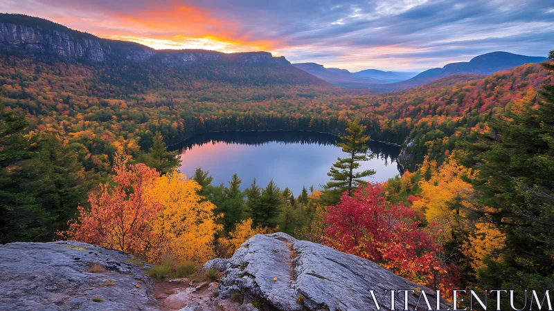 Autumn mountain basin lake under stratified sunrise cloud cover
