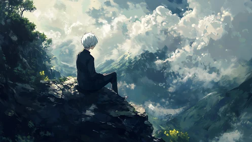 Solitary figure contemplates vast sunlit mountainscape