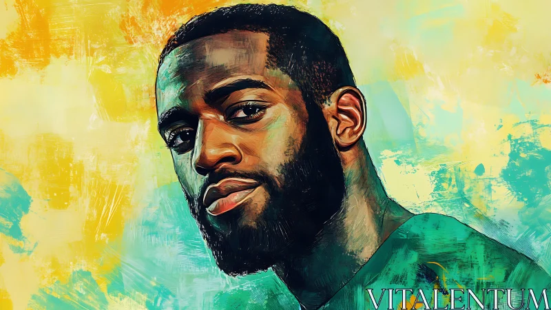 Bold digital portrait of confident man on vibrant ground.