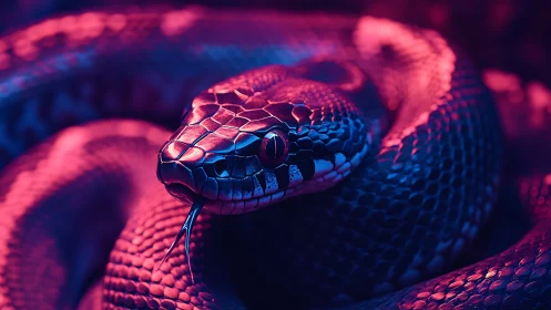 Neon lit serpent resting in a swirl of glowing scales.