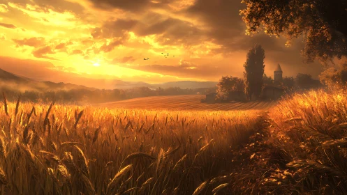 Golden wheat fields glow beneath a dramatic sunset sky