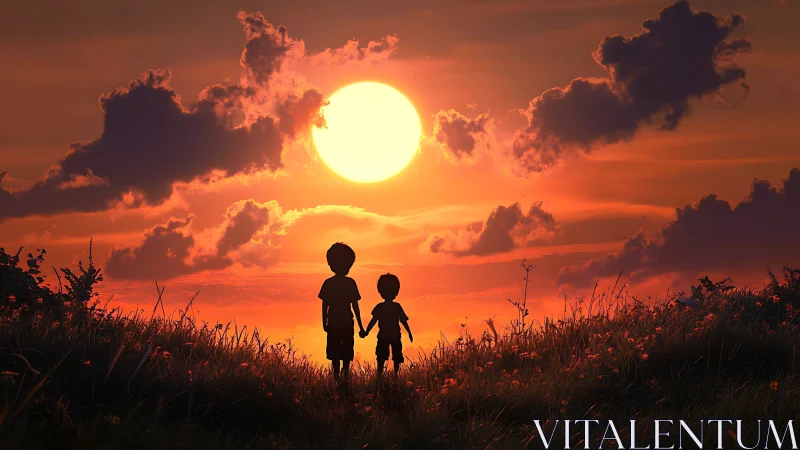 Two silhouetted children walk toward a low horizon sun