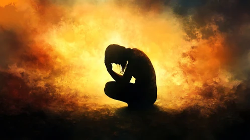 Silhouette in the firelight of emotion and quiet resilience.