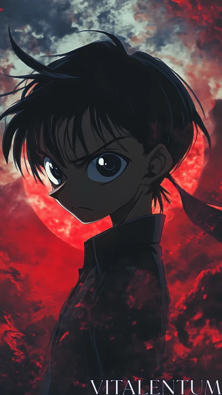 Side-profile anime boy before red moon and clouded sky.