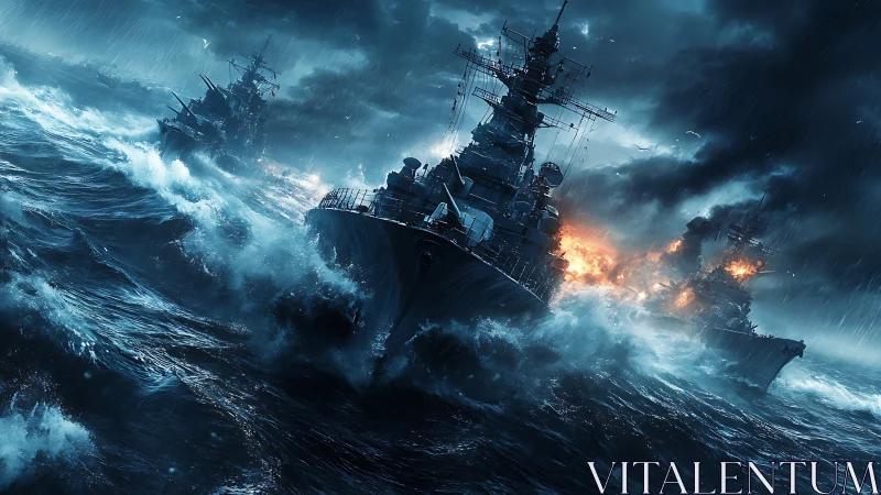 Warships advance through stormy seas under heavy combat fire