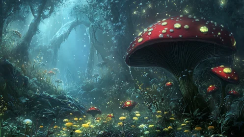 Moonlit mushrooms host a secret lantern festival in foggy woods