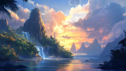 Dramatic Sunset Over Mystical Island Landscape with Cascading Waterfalls
