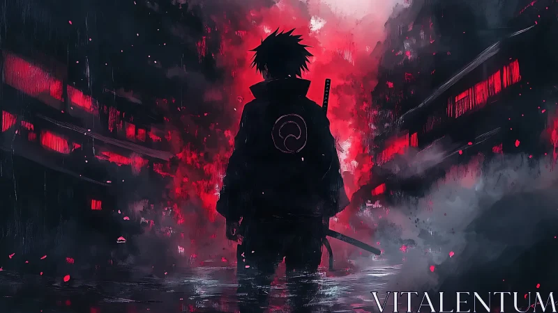 Silhouetted swordsman in red lit alley with dense smoke.