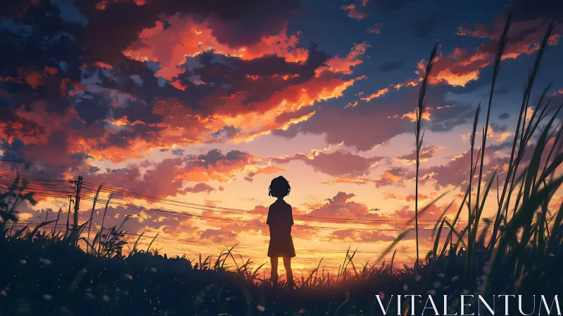 Silhouetted child in dusk meadow framed by dramatic anime sky