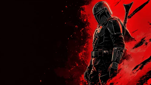 Armored space warrior stands against blazing red void