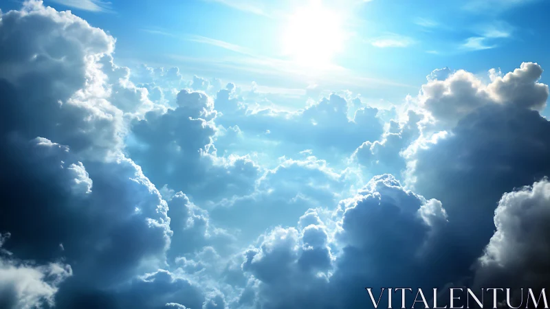 Volumetric cumulus clouds frame an intense zenithal sunlight