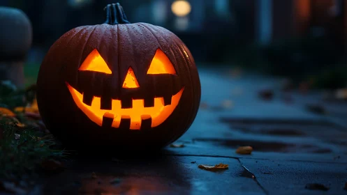 Illuminated carved pumpkin sits on wet pavement at dusk