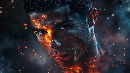 Fierce fiery portrait glowing with embers and quiet strength.