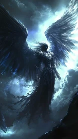 Fallen angel rises from stormlit clouds in eerie celestial glow