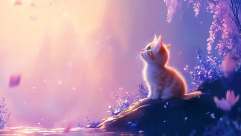 Orange and white kitten sitting on branch in ethereal pink atmosphere.