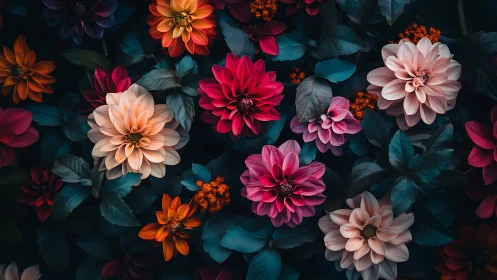 Vibrant Dahlia Arrangement with Moody Teal Foliage.