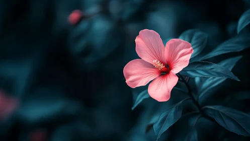 Pink Hibiscus Flower Against Dark Teal Foliage