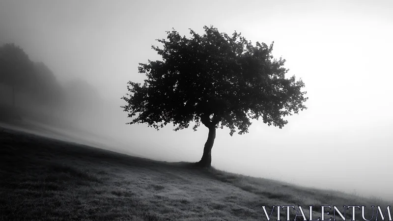 Solitary hillside tree whispering into the morning fog.