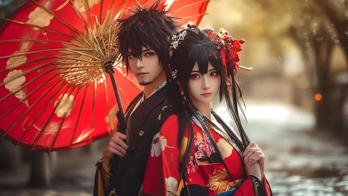 Gentle autumn promenade with kimono couple and red parasol.