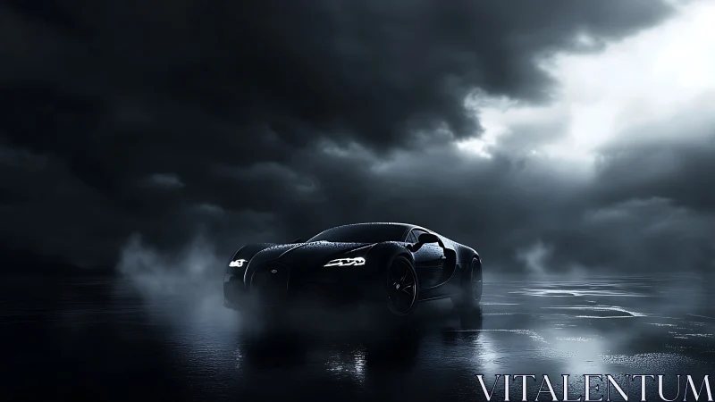 Midnight supercar emerging through stormlit coastal fog.