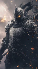 Dark armored knight with burning eyes amid swirling embers.