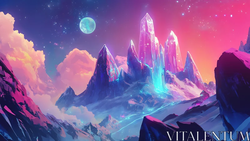 Crystal peaks rise over glowing snow under neon sky