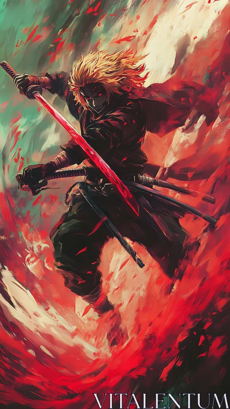 Blonde swordsman carves crimson vortex through chaos storm.