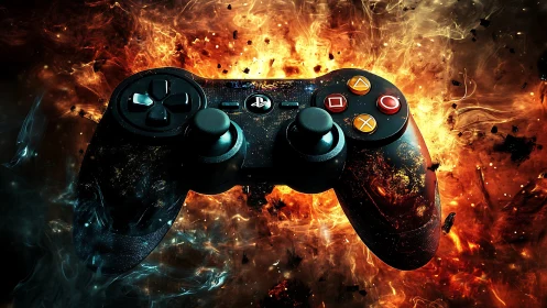 PlayStation Controller Engulfed in Explosive Fire and Flames