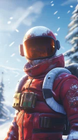 Lone red astronaut stands in snowy woodland sunlight.