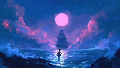 Luminous ocean traverse under magnified moonlit atmosphere.