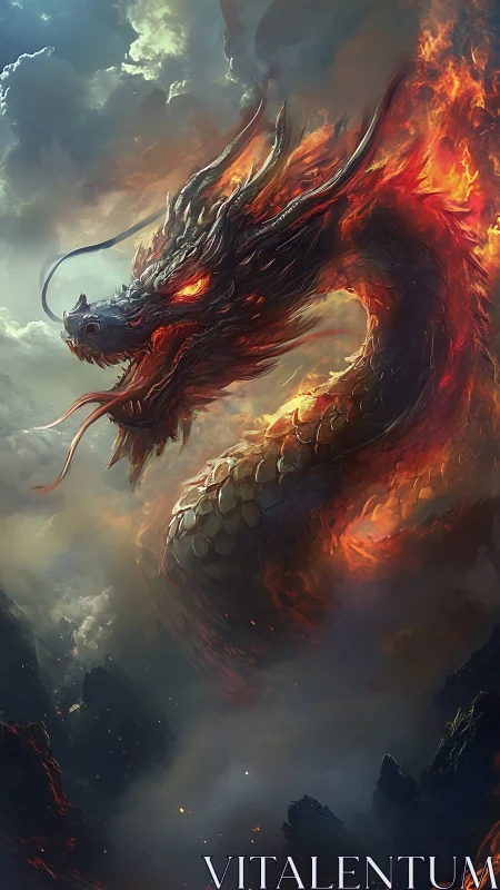 Infernal serpentine dragon rising through stormfire skies.