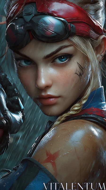 Stormlit warrior heroine meets the viewer with fierce resolve