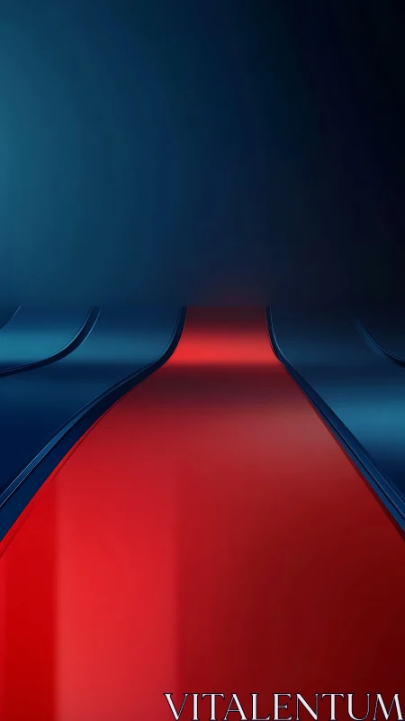 Curved red and blue glossy bands recede into dark space