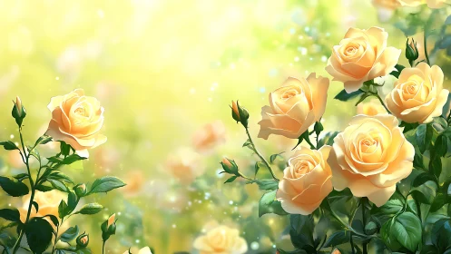 Luminous Peach Roses Blooming in Golden Garden Light.