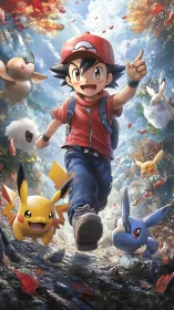 Joyous trainer strides through autumn sky of bounding creatures.