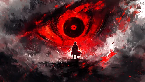 Red cosmic eye looms over lone warrior in swirling storm.